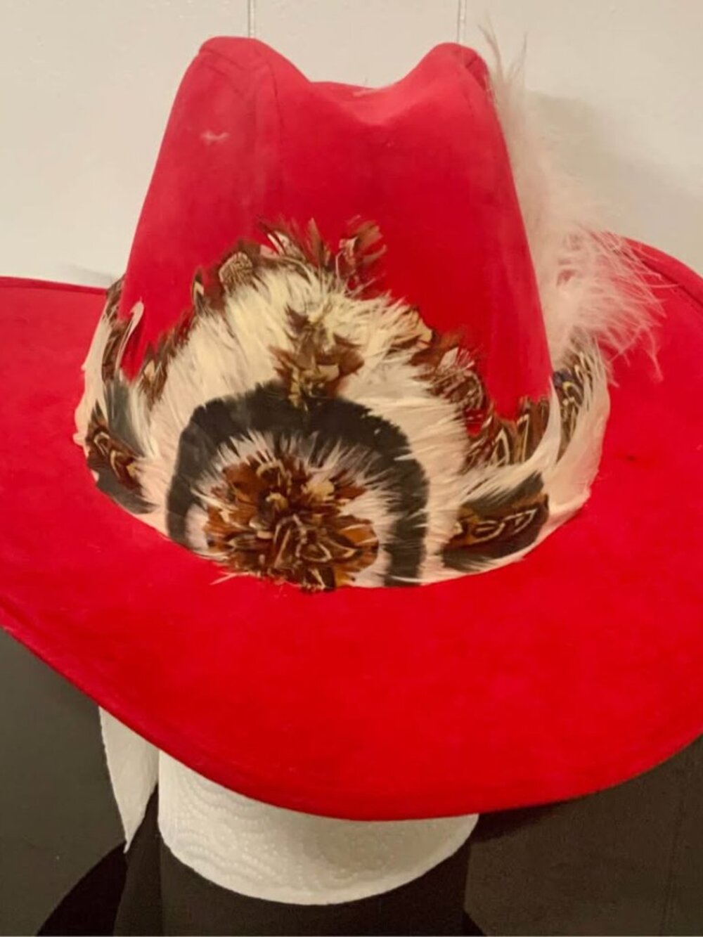 Red Hat with feathered headband Size Medium.
